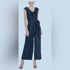 CONNECTED APPAREL black glitter Stretch Belted Cowl Neck Wide Leg Jumpsu…